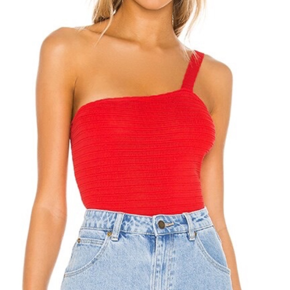 Superdown Revolve Sari Red One Shoulder Ribbed Stretch Top Size M Cropped